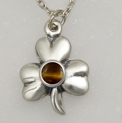 Sterling Silver Lucky Shamrock Pendant With Tiger Eye